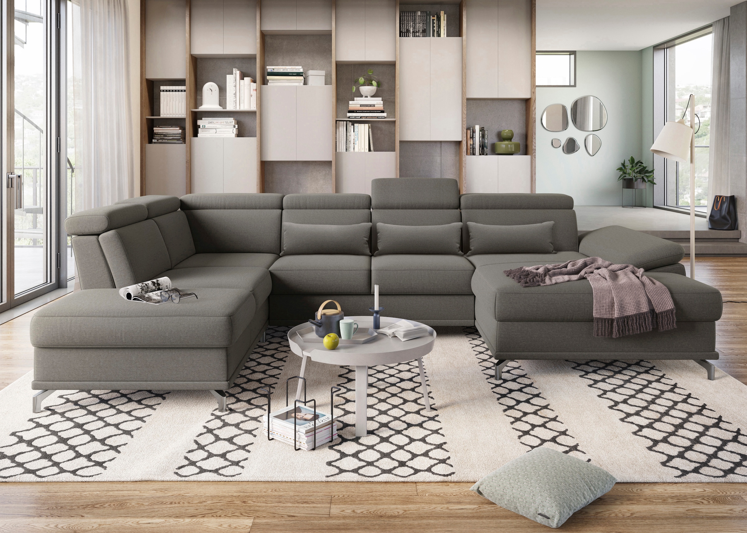 sit&more Wohnlandschaft »Cabrio U-Form, B: 359 cm, mit Sitztiefen-, Arm- & Kopfteilverstellung« 3 Nierenkissen, Federkern, optional Bettfunktion und Stauraum