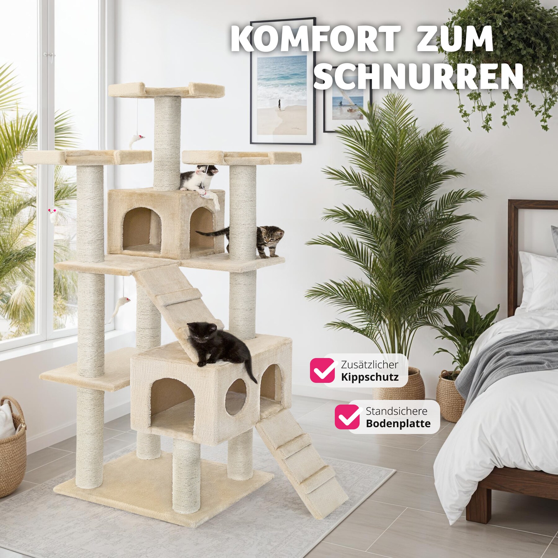 tectake® Kratzbaum, 186 cm, mit 2 Katzenhäusern, inklusive 2 Treppen, 4 Spielmäusen und Kippschutz