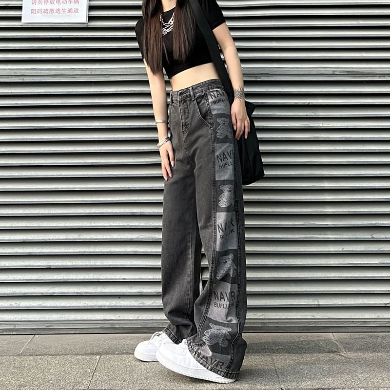 LINSI - Baggy jeans met hoge taille en grafische print
