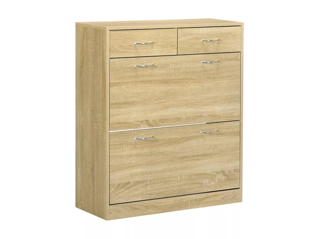 Armoire meuble à chaussures multi-rangement 2 abattants double niveau 2 tiroirs aspect chêne clair