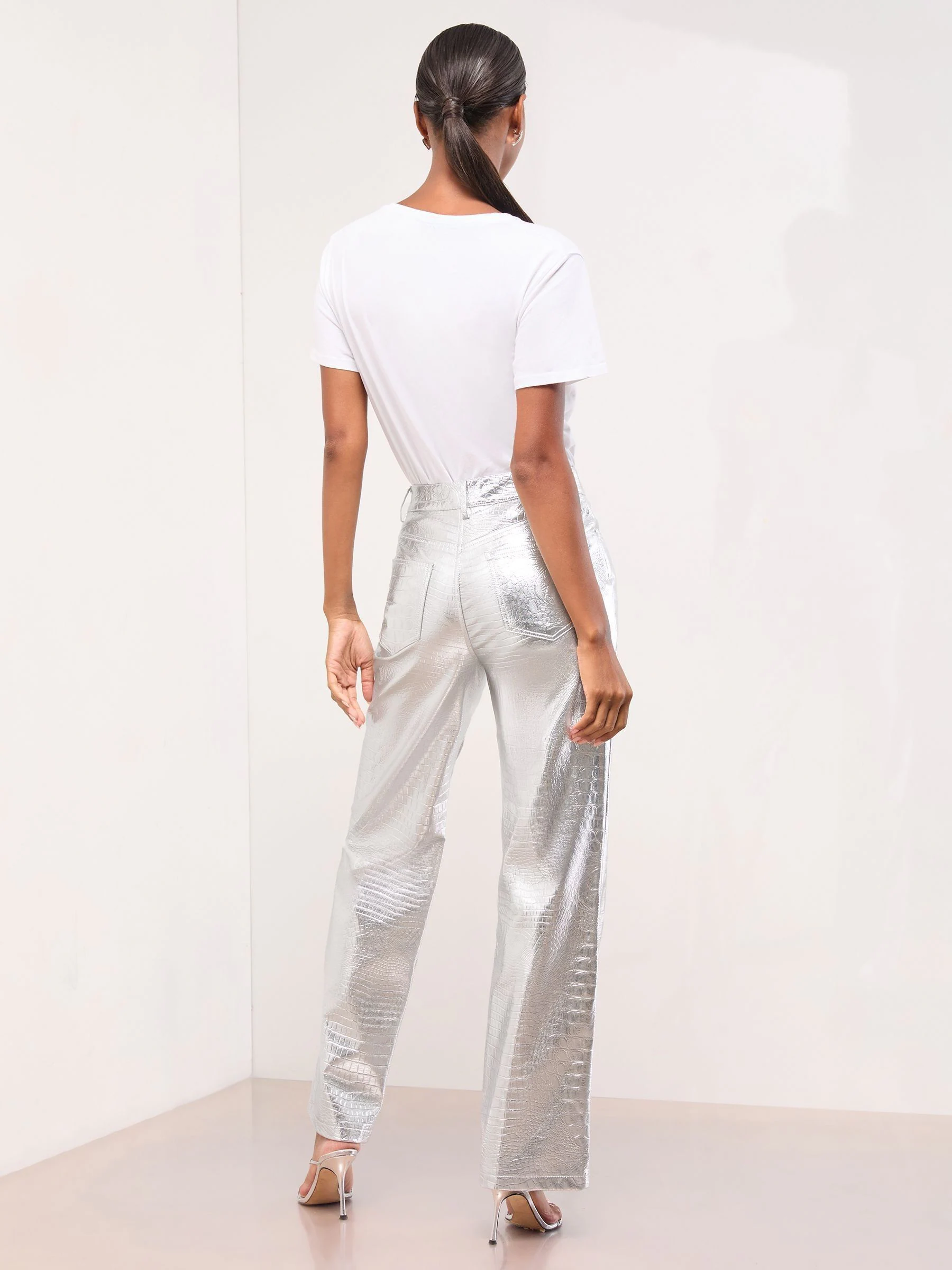 Silver Croc Faux Leather - Lipsy Pintuck Tailored Wide Leg Trousers