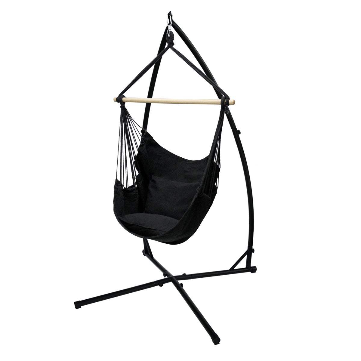 ECD Germany Hangstoel Antraciet met Zwart Frame 208 cm, Hangstoelschommel van Katoen met 2 Kussens tot 120 kg, Vrijstaand Metalen Hangstoelframe, Hangende Zitstandaard