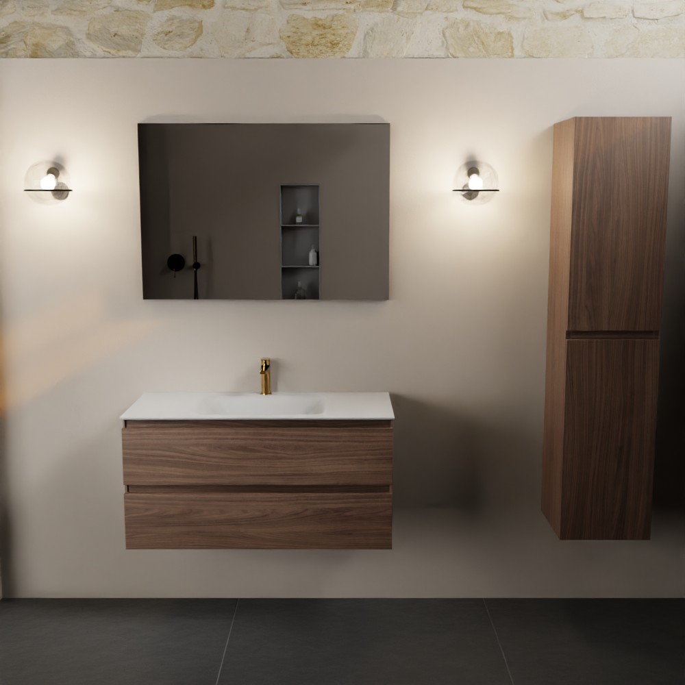 Mondiaz Aivy badmeubel 100cm mocha met wastafel solid surface talc midden 1 kraangat en spiegel