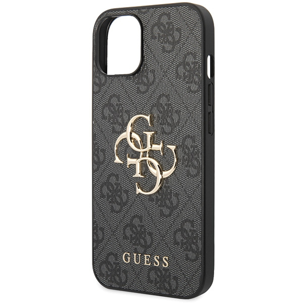 iPhone 15 Leder Hardcase Hülle Metall Logo (GUHCP15S4GMGGR) - Grau / Gold