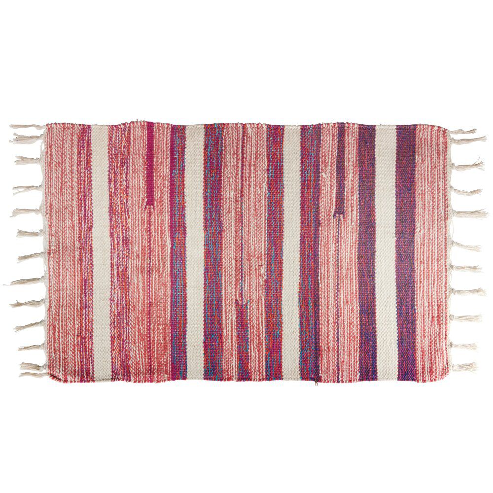 Tapis tressé à franges rayure beige et rouge 100% coton 40x60cm