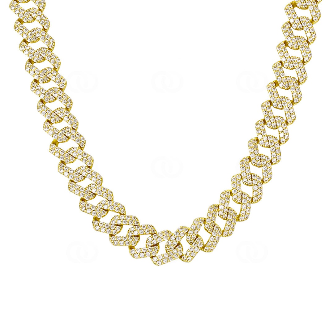 12mm Prong Cuban Link Panzerkette Gelb vergoldet mit Zirkonia