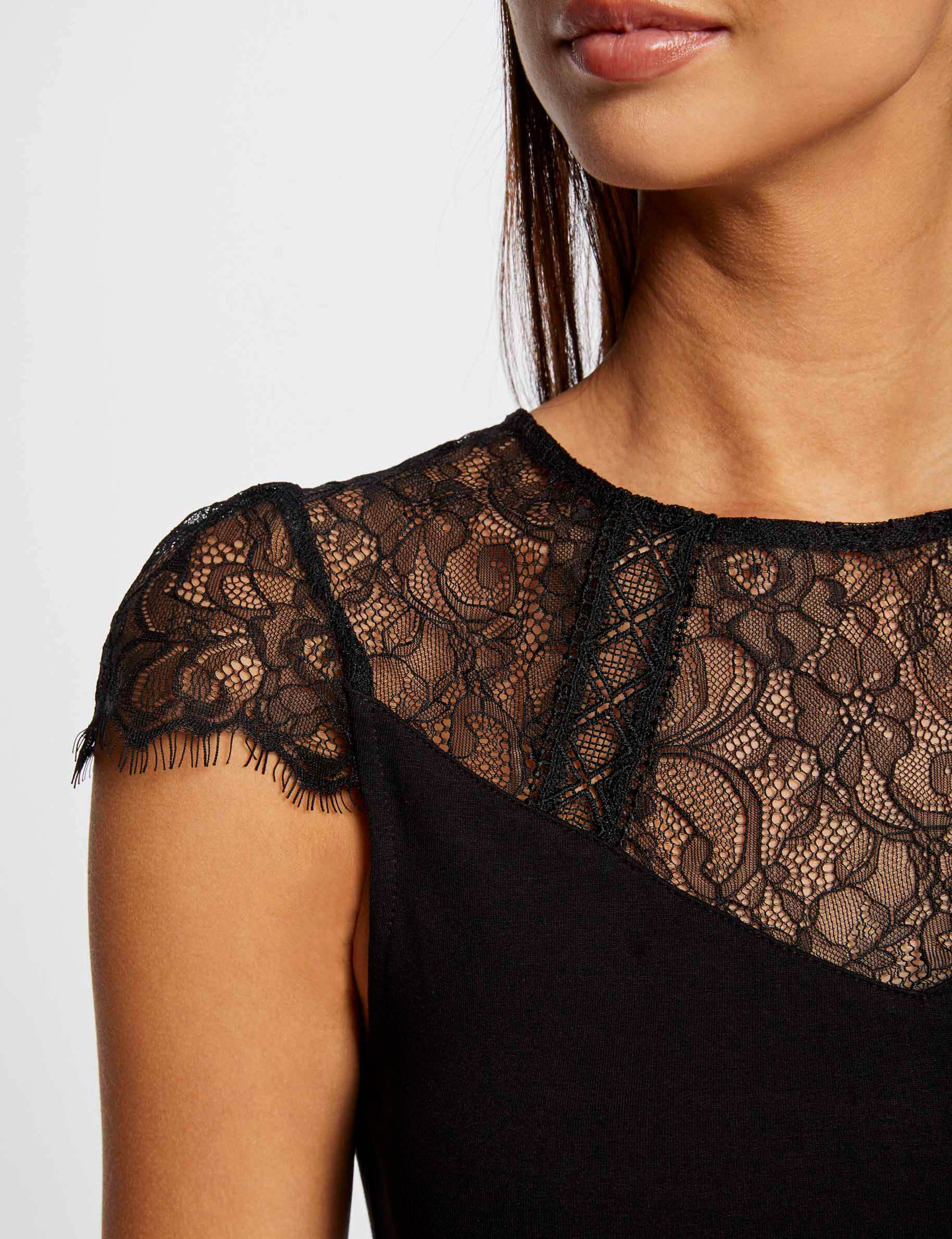 T-shirt manches courtes à dentelle noir femme - noir