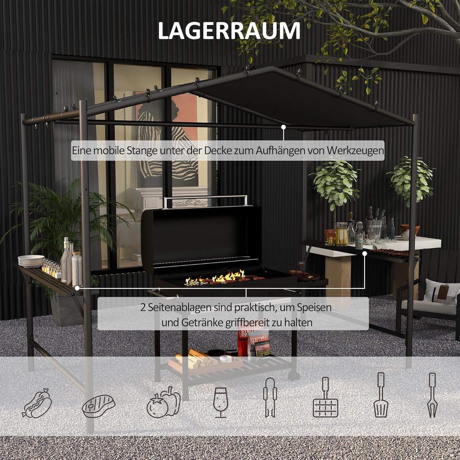 Outsunny Grillpavillon 277 x 149 x 230 cm wasserdicht flammhemmend Gartenpavillon mit Seitenregalen, Gartenlauben mit UV-Schutz, BBQ Pavillon aus Stahl, Gartenzelt Grillzelt für Party BBQ, Dunkelgrau