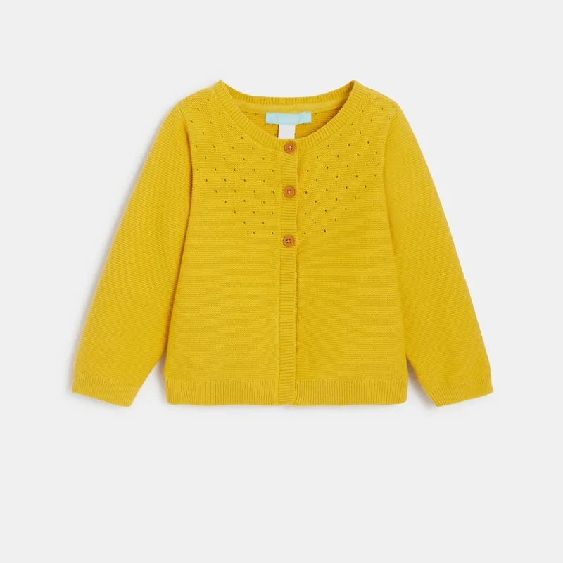 Gilet maille tricot effet pointelle jaune bébé fille Jaune