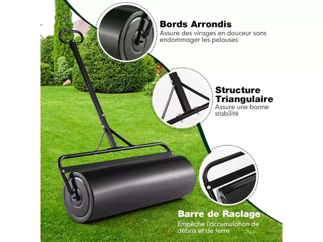 Rouleau à Gazon de Jardin en Métal avec Poignée de Préhension Détachable, Rouleau de Pelouse Rempli d'eau/Sable 63L- Ø 30 CM, Idéal pour Obtenir Pelouse Uniforme (Noir)