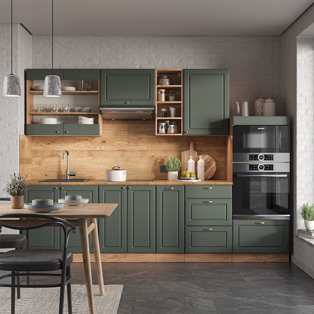 Vicco Küchenzeile Küchenblock Einbauküche Fame-Line Landhaus Eiche Grün Gold 280 cm Spülenunterschrank Unterschrank Schubunterschrank Hängeschrank Mikrowellenschrank Apothekerunterschrank