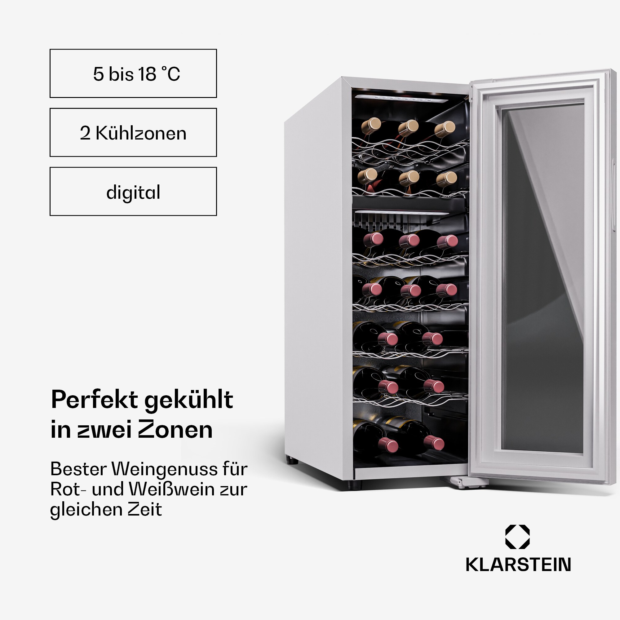 Shiraz 18 Duo Weinkühlschrank 2 Zonen 53L/18 Flaschen 5-18 °C Touch Weiß 18 Flaschen 2 Kühlzonen