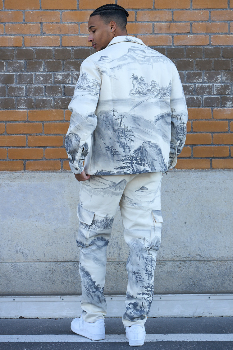Ensemble 2 pièces veste + jogging beige à motifs paysage