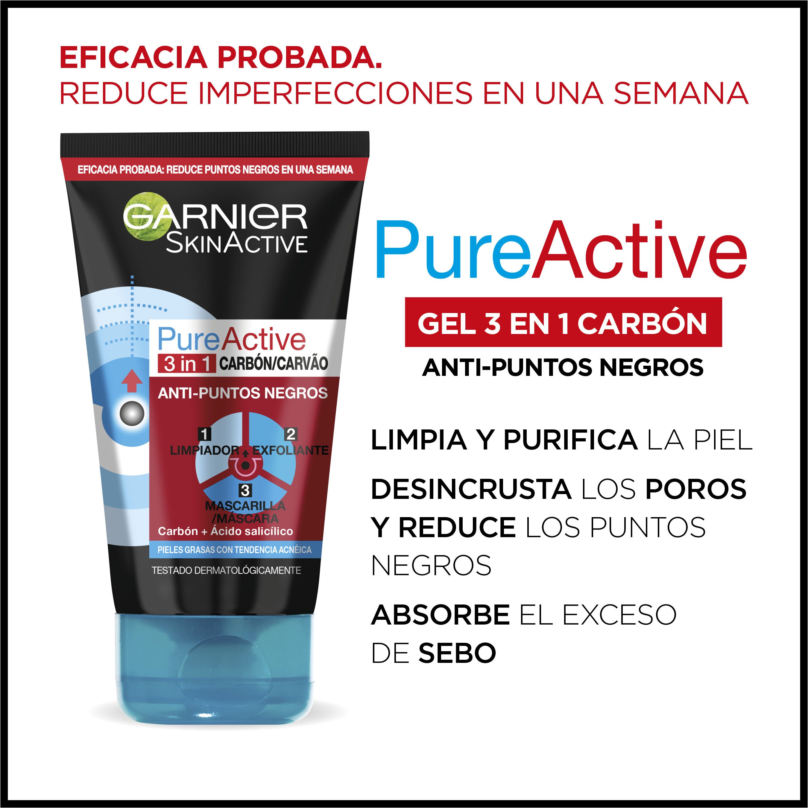 Pure Active Limpiador 3en1 Carbón Limpieza facial hombres