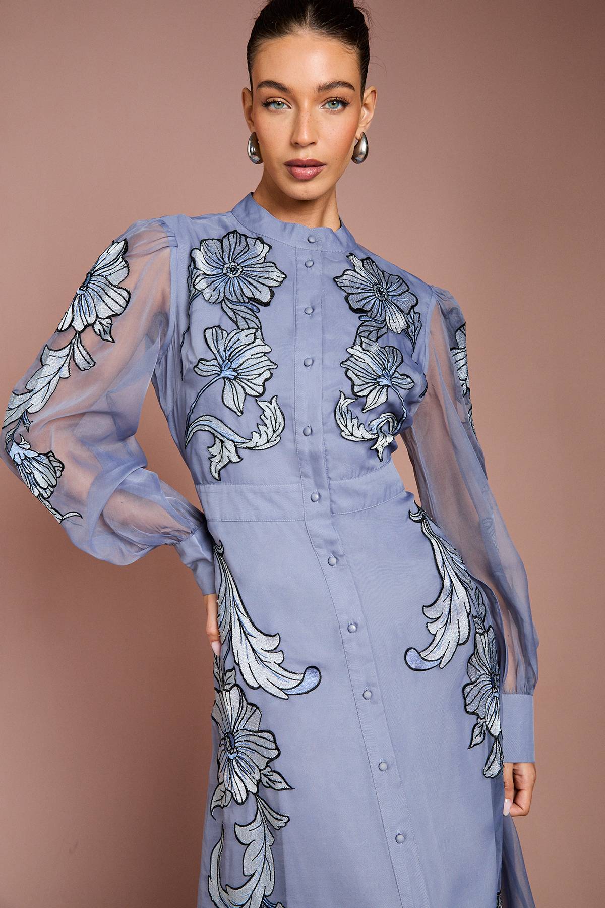 Coast Robe Midi À Manches Longues Avec Broderie Positionnée
