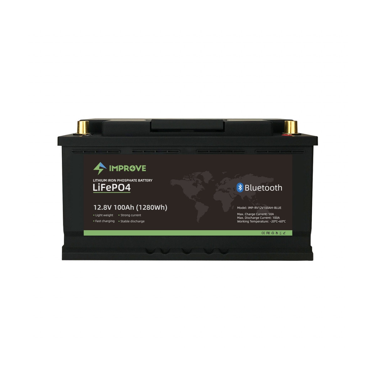 IMPROVE Lithium Batteri 12V 100Ah (LiFePO4) BMS 100A - BLUETOOTH - BOBIL