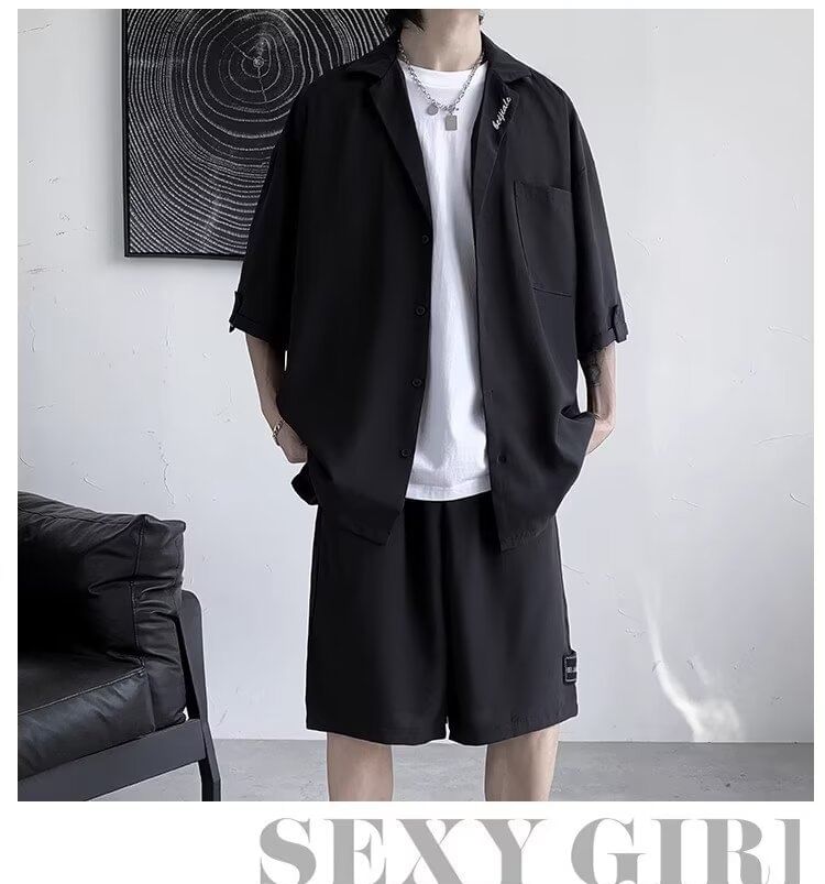 Urtishia - Set: Effen shirt met elleboogmouwen + korte broek