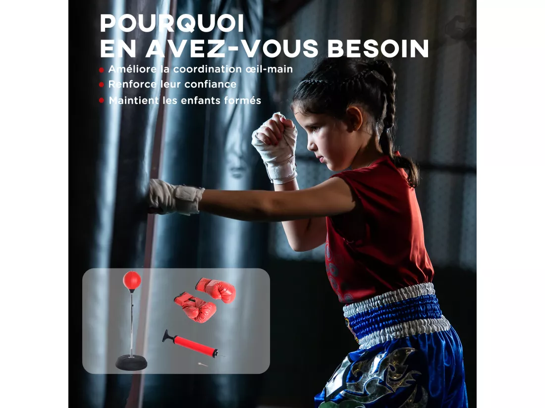 Punching ball sur pied réglable en hauteur 126-144 cm avec gants, pompe et base de lestage rouge