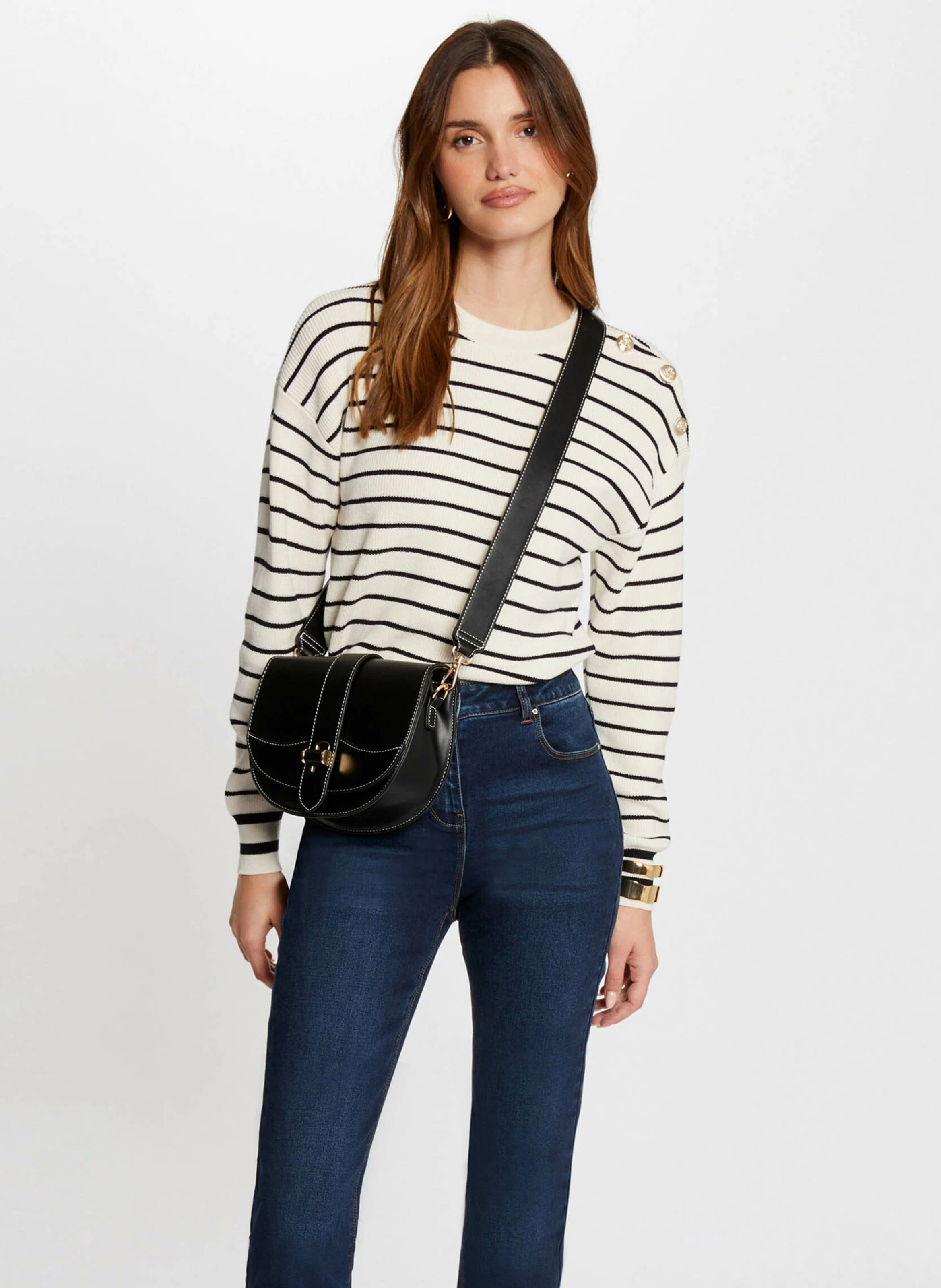 MARINO - Pull droit manches longues à rayures | Beige