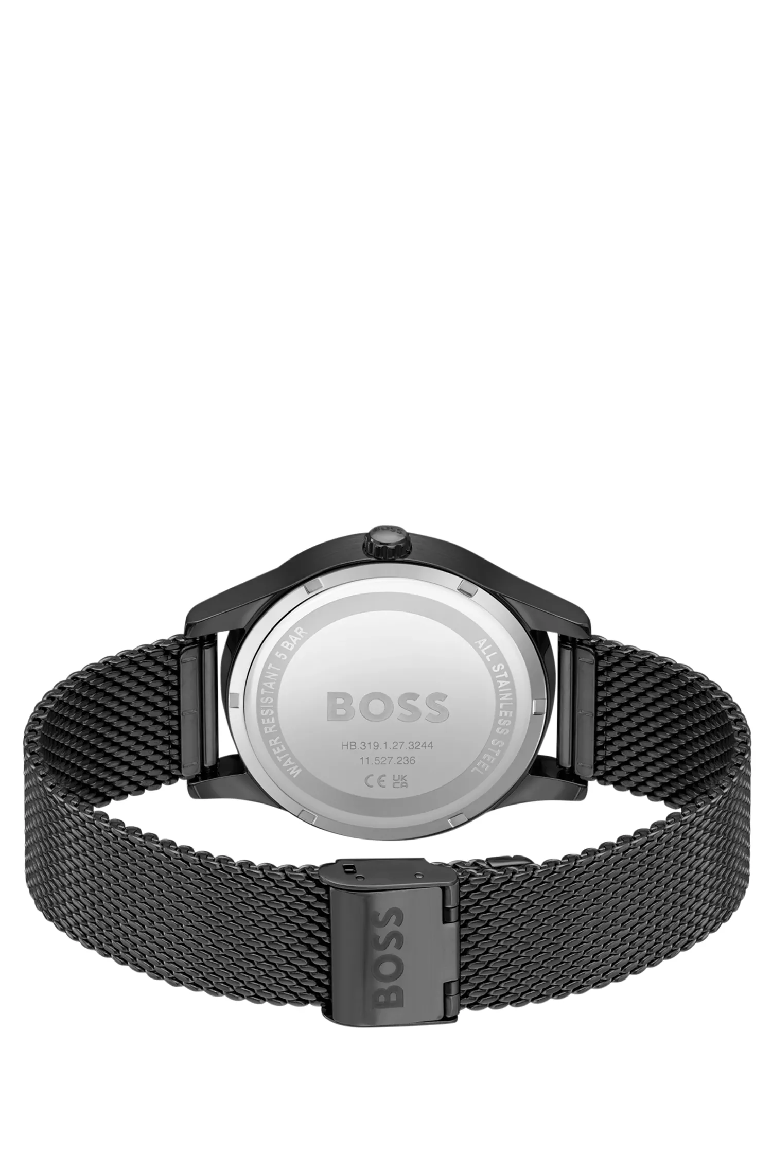Relógio BOSS preto com revestimento preto e pulseira de malha.