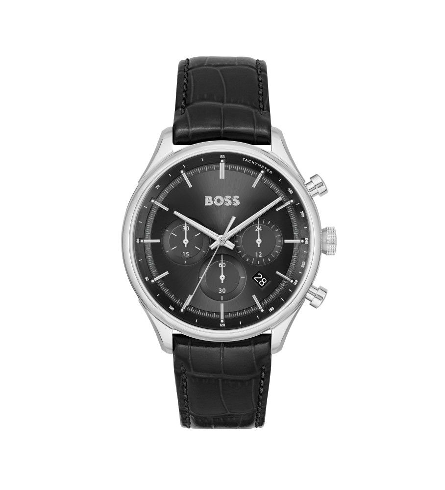 Relógio cronógrafo analógico BOSS Gregor com pulseira de couro - Preto