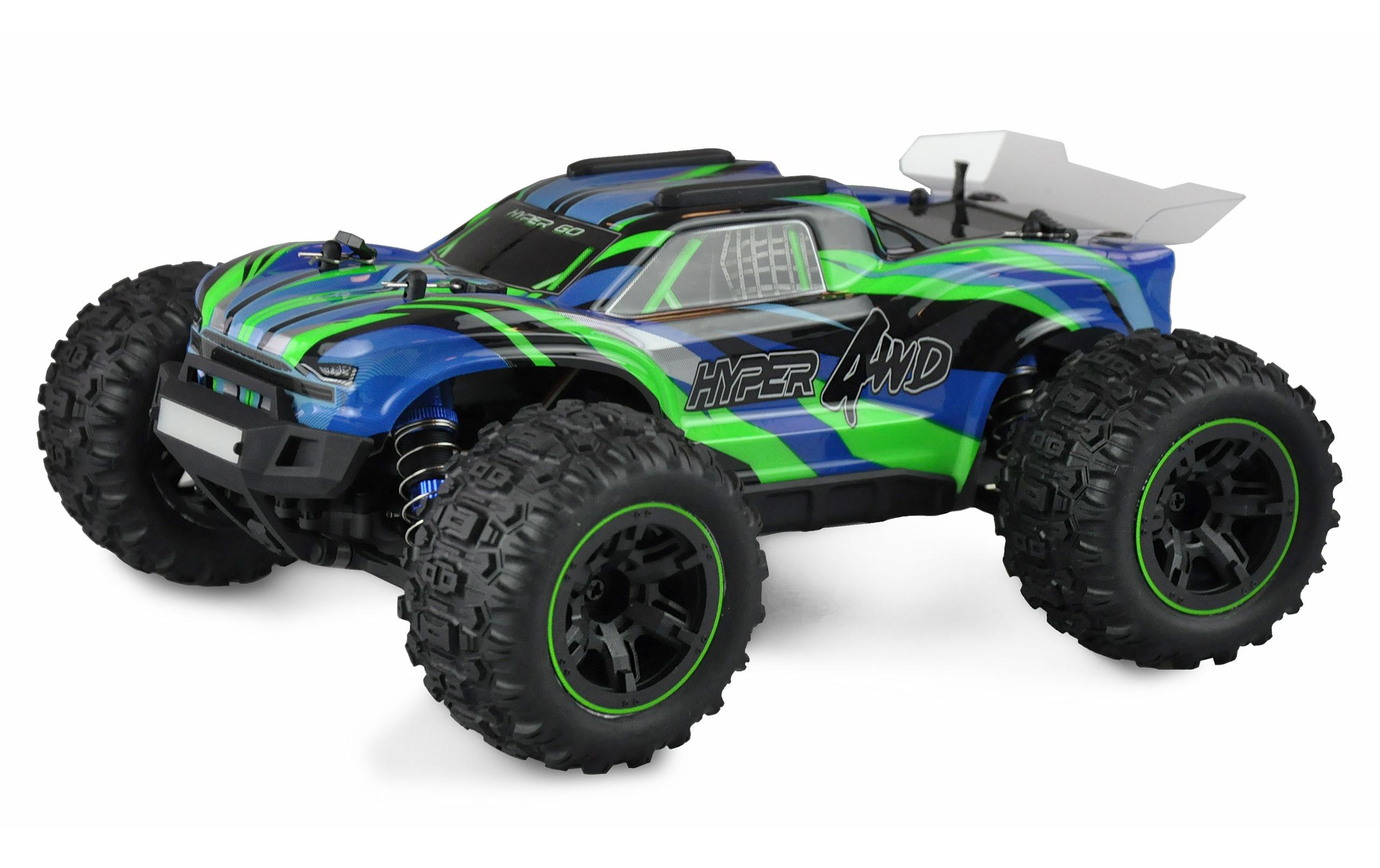 Truggy Hyper GO Brushed 4WD, Blau/Grün RTR, 1:16Off-Road RC Modellauto mit Allradantrieb und 40 km/h Höchstgeschwindigkeit