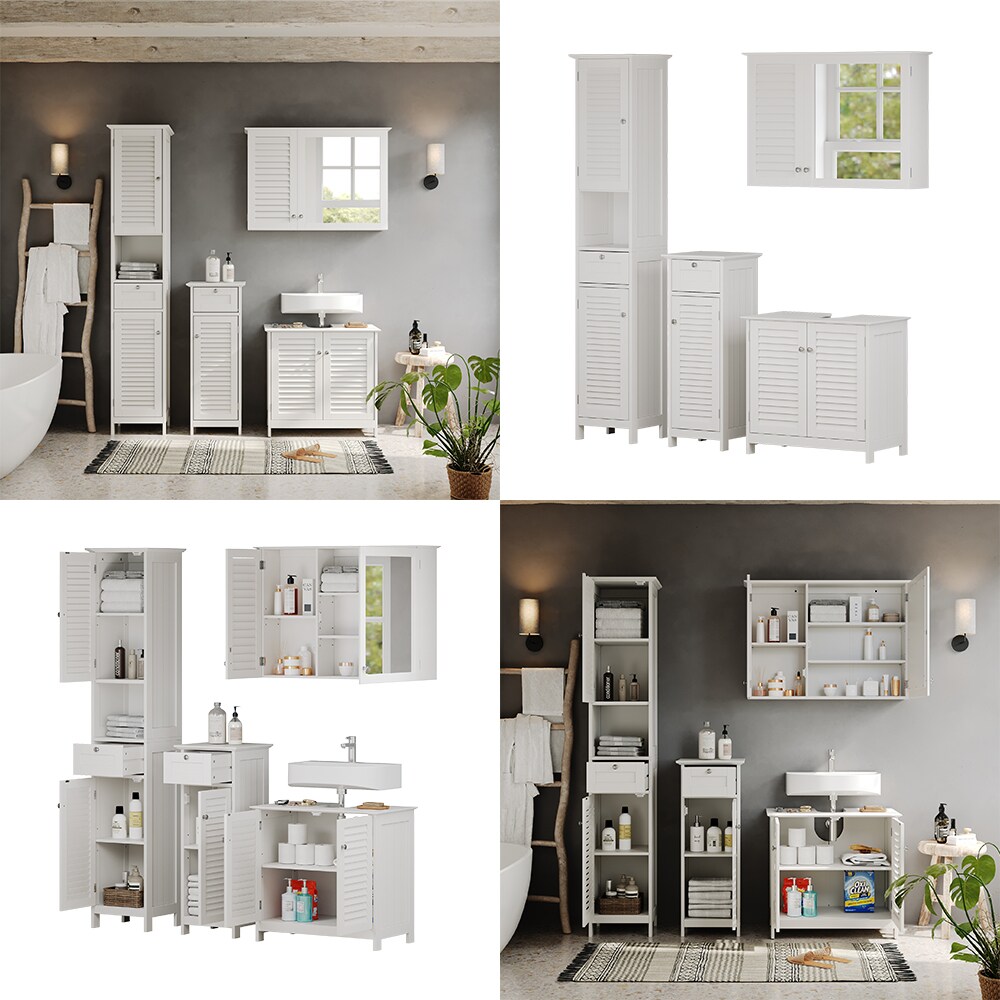 Vicco Badmöbel-Set Riad, Weiß, Badezimmer, moderne Badserie, Lamellen-Front, Waschtischunterschrank, Spiegelschrank, Midischrank, Hochschrank