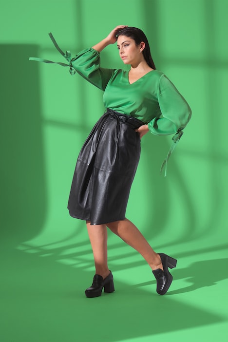 Bluse, V-Ausschnitt, A-Linie, Zierschleife, Ballonärmel