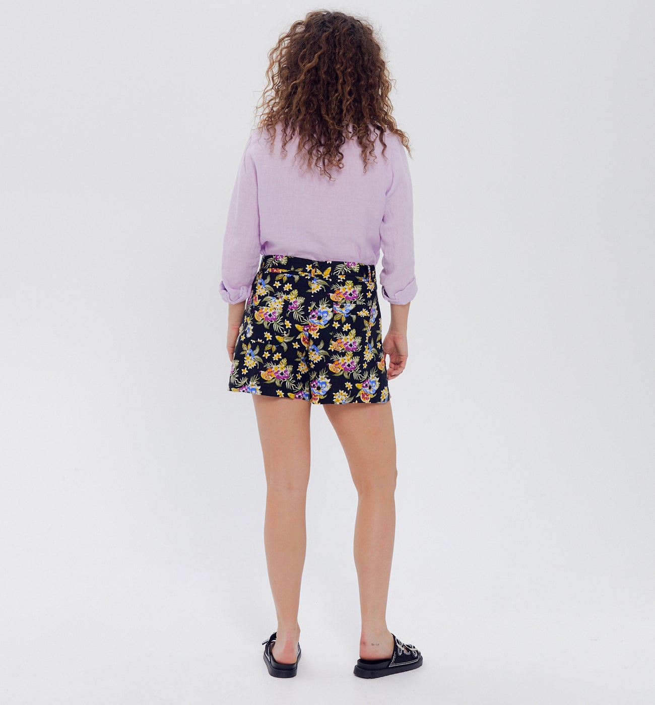 Short en lin imprimé Femme - Imprimé noir