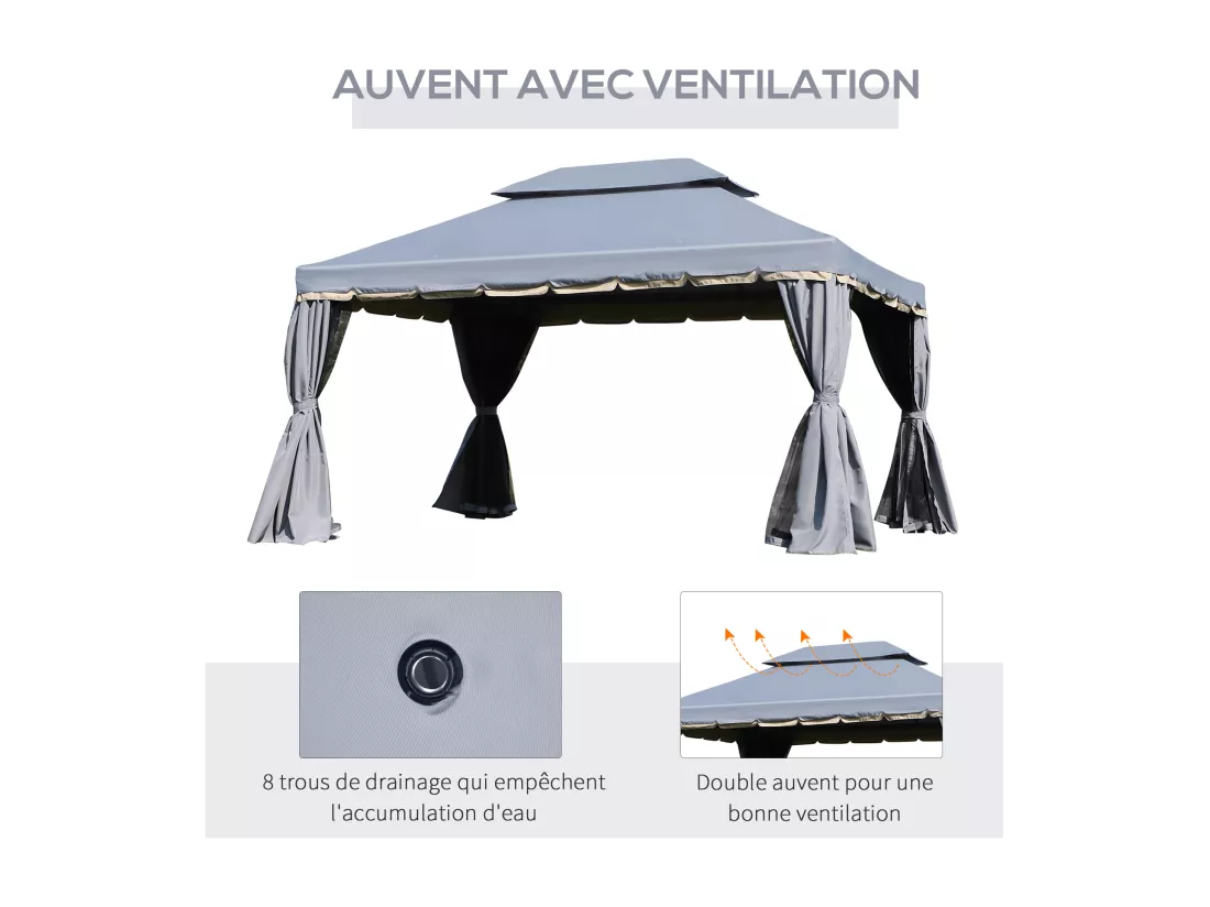 Tonnelle barnum pavillon de jardin style colonial double toit toile moustiquaires et toiles amovibles 3,9L x 2,9l x 2,8H m gris