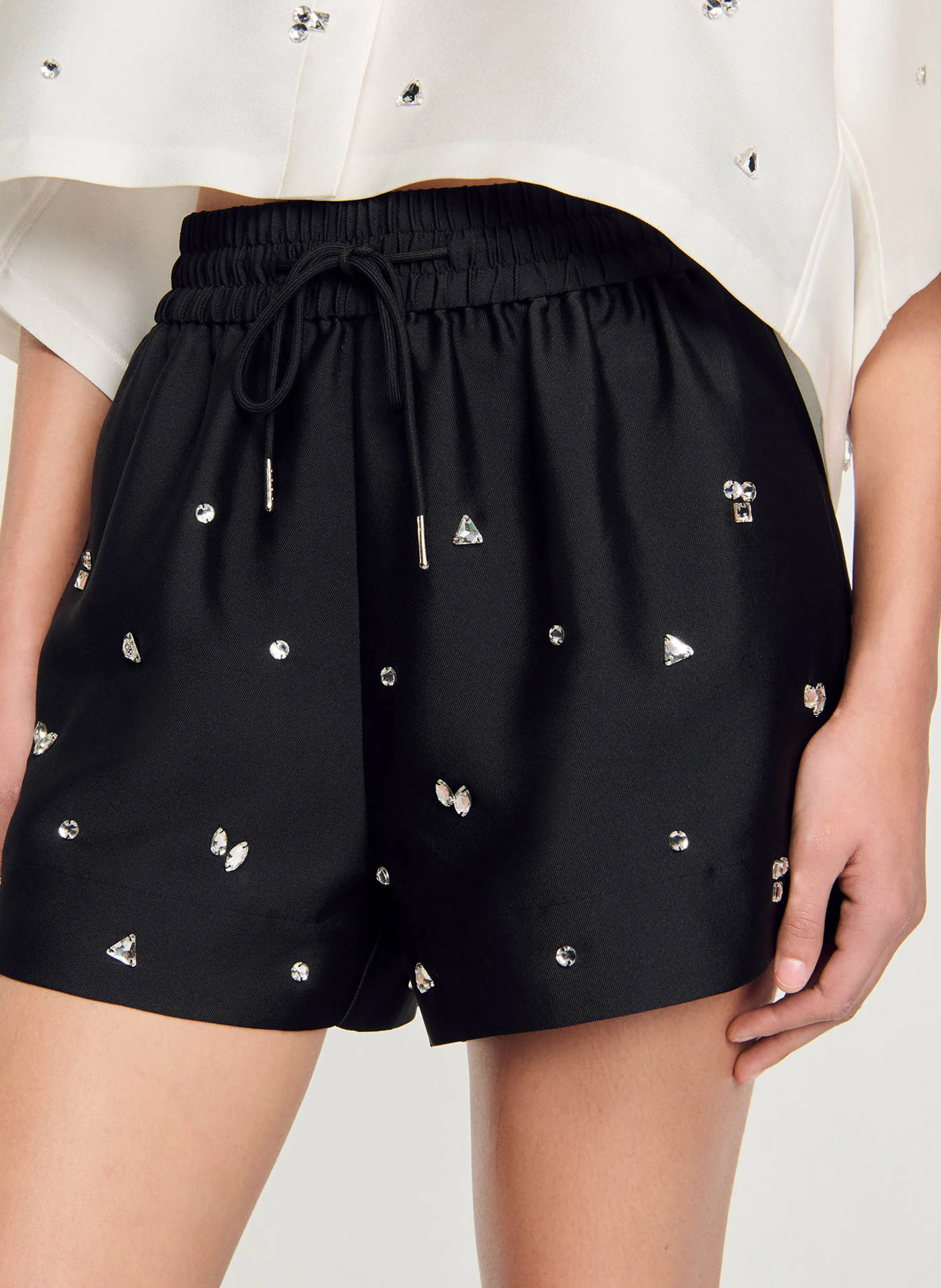 Short taille haute à strass | Noir