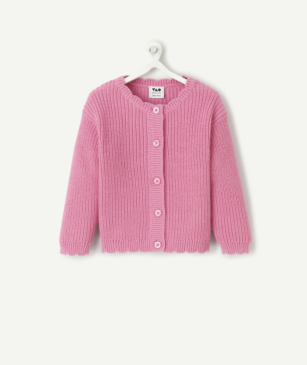 CARDIGAN MAILLE BÉBÉ FILLE EN COTON BIO ROSE COL FESTONNÉ