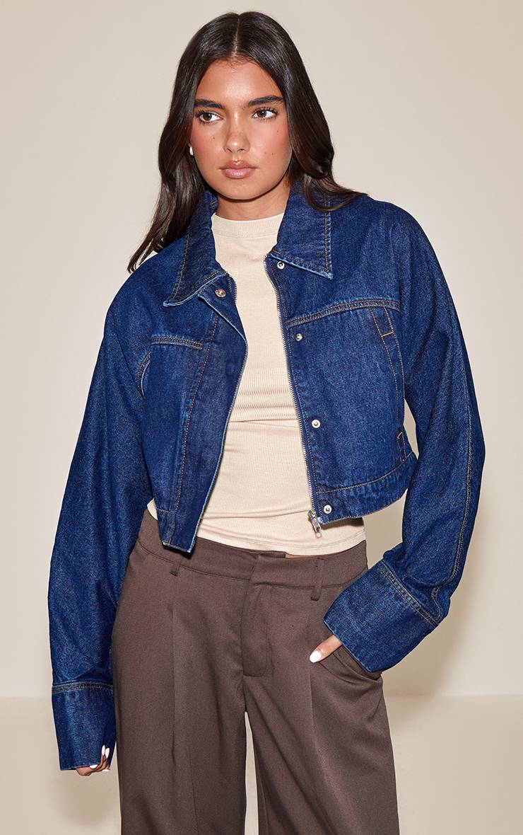 Bleu Indigo Veste En Jean À Patte De Boutonnage Dissimulée