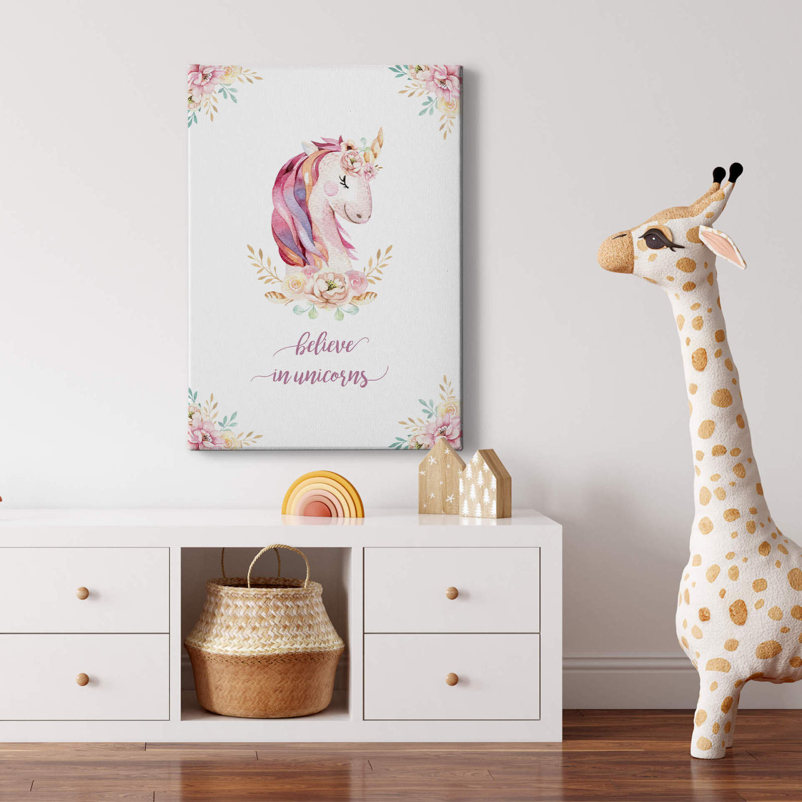 Leinwandbild BELIEVE IN UNICORNS - weiß-pink - 50x70 cm