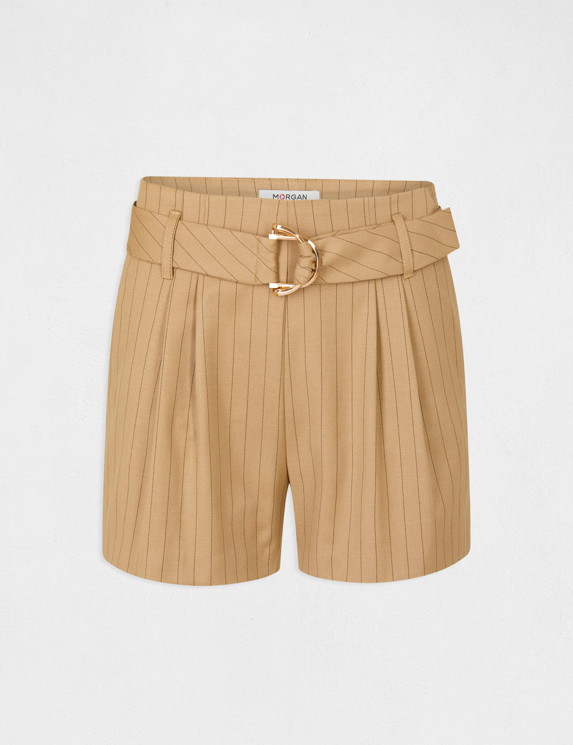 Short ample ceinturé à rayures beige femme - beige