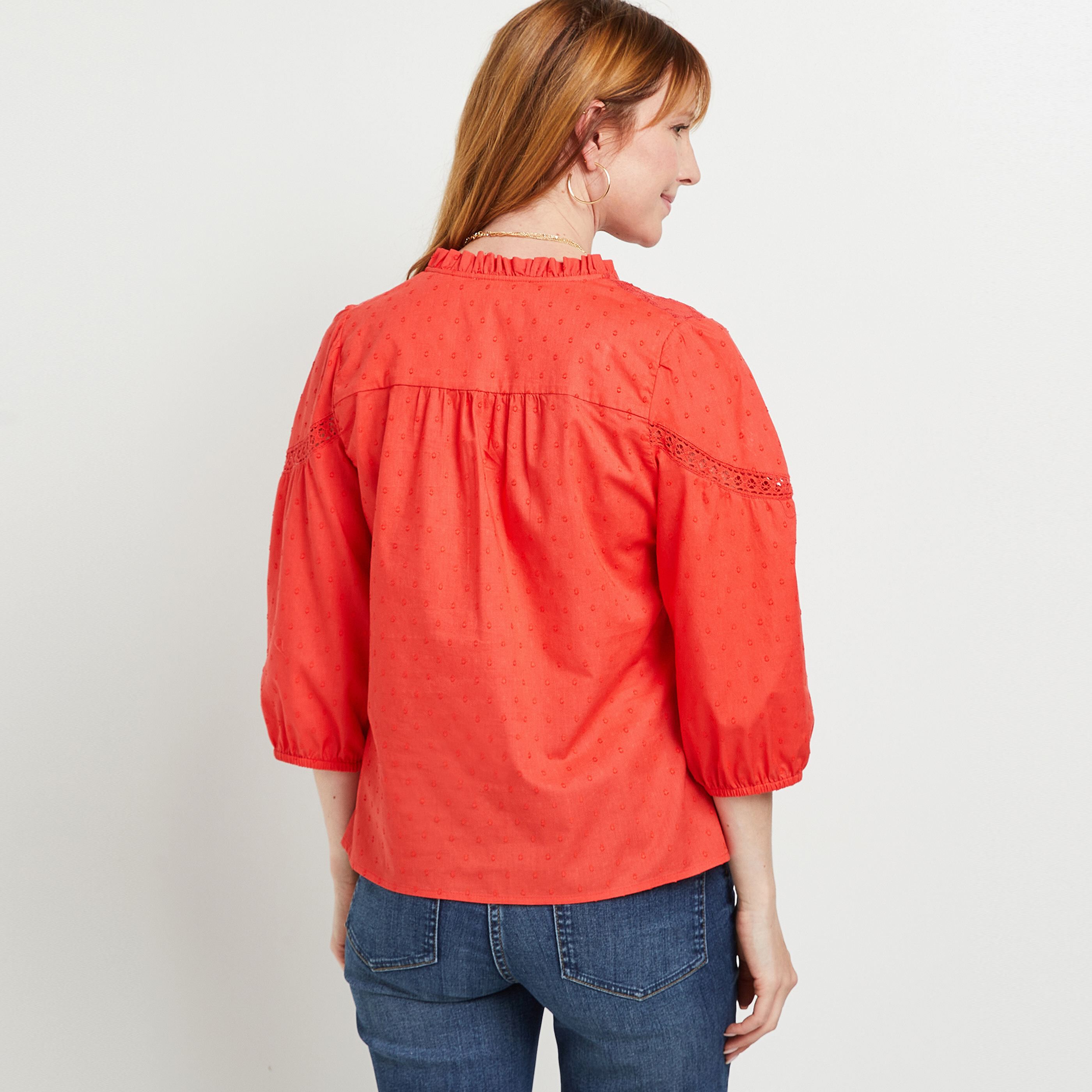 Chemise manches 3/4 dentelle - ROUGE