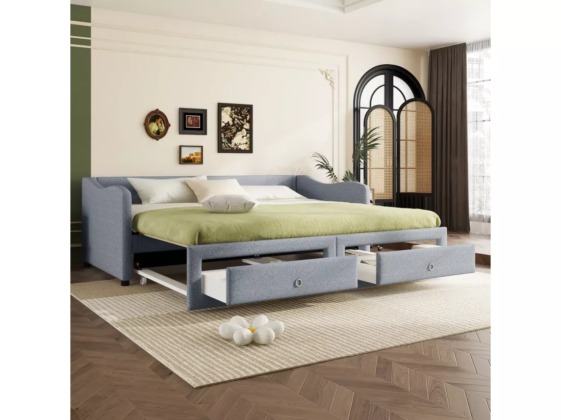 Lit gigogne 90/180 x 200 cm avec 2 tiroirs - tissu en lin - gris (sans matelas)