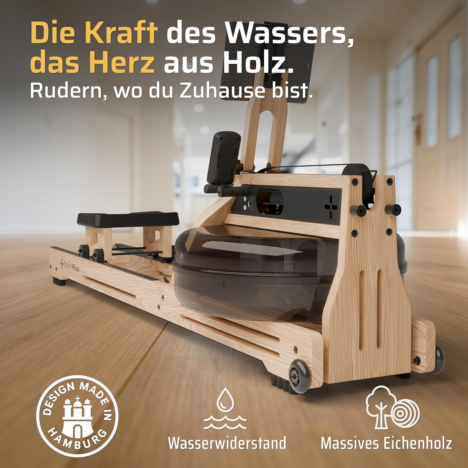 SportPlus Rudergerät für Zuhause Wasser - Wasserrudergerät Designed in Germany - Rudergerät Wasser klappbar Robustes Eichenholz - Premium Rudermaschine Holz bis 180 kg & 200 cm