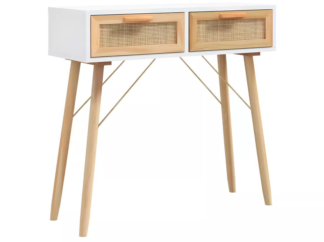 Table console Blanc 80x30x75 cm Bois massif pin /rotin naturel
