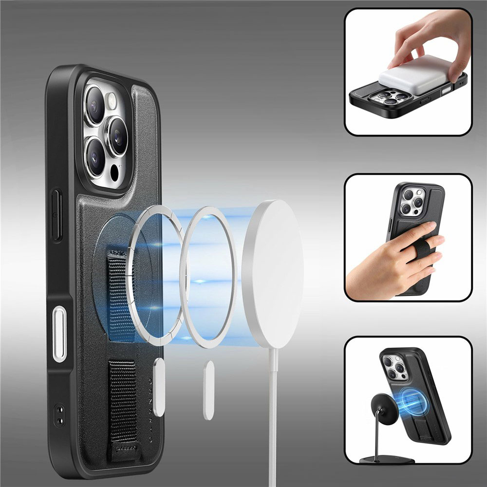 iPhone 16 Pro Max MagSafe Hybrid Hardcase Hülle mit Leder Rückseite   Finger Griff Halterung - Schwarz