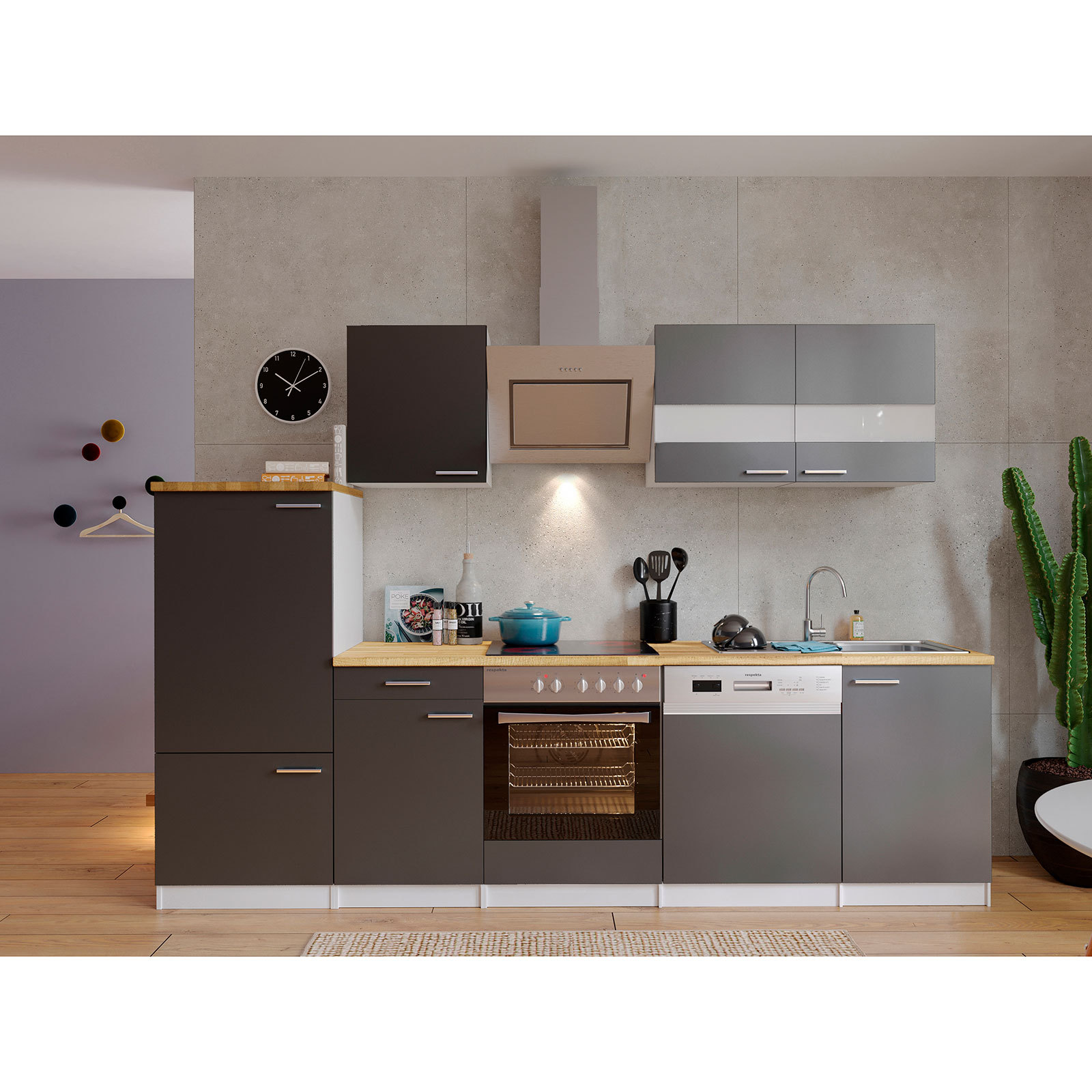 RESPEKTA Küchenblock - grau - mit E-Geräten - 280 cm