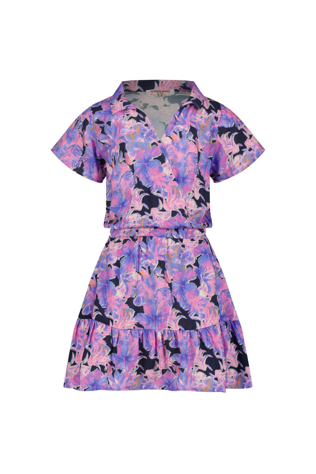 Vingino jurk Penelop met bloemenprint en volant paars/donkerblauw