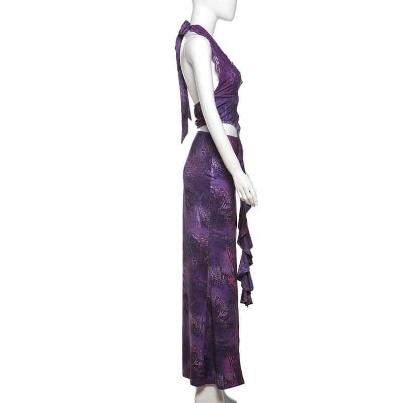 Weaveal - Halter Diep Decolleté Patroon Print Uitsnijding Spleet Paneel Kant Maxi Schede Jurk