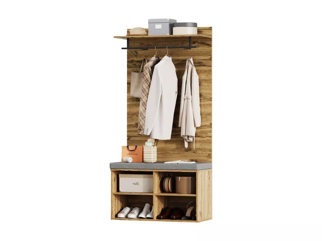 Meuble à chaussures avec banc, 2 portes et porte-manteau - 175 x 84 x 37 cm - Panneaux de particules - Etagère réglable - Chêne