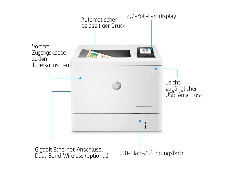 HP LaserJet Enterprise M554dn - Printer - farve - Duplex - laser - A4/Legal - 1200 x 1200 dpi - op til 33 spm (mono) / op til 33 spm (farve) - kapacitet: 650 ark - USB 2.0, Gigabit LAN, USB 2.0 vært
