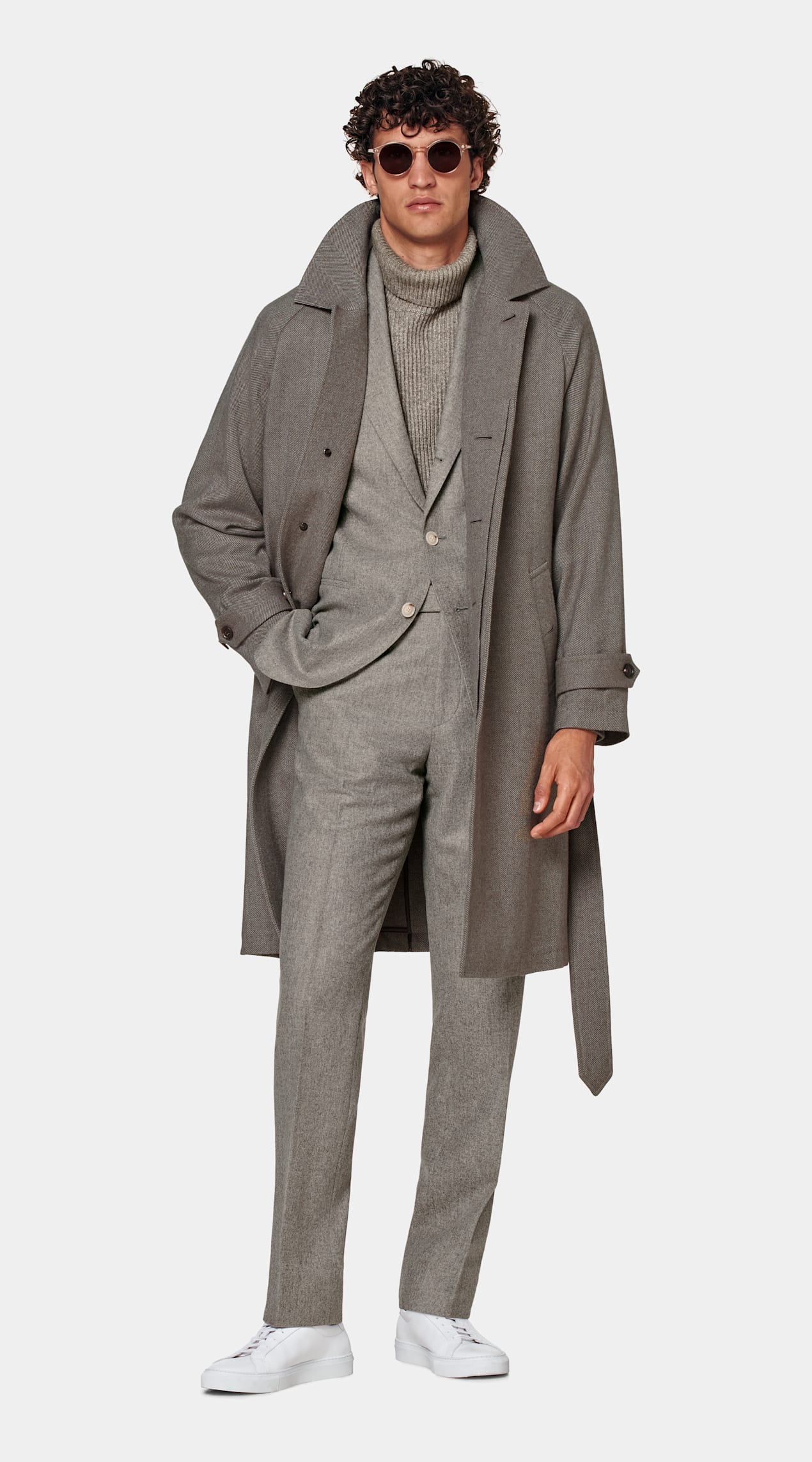 Manteau long ceinturé taupe à chevrons