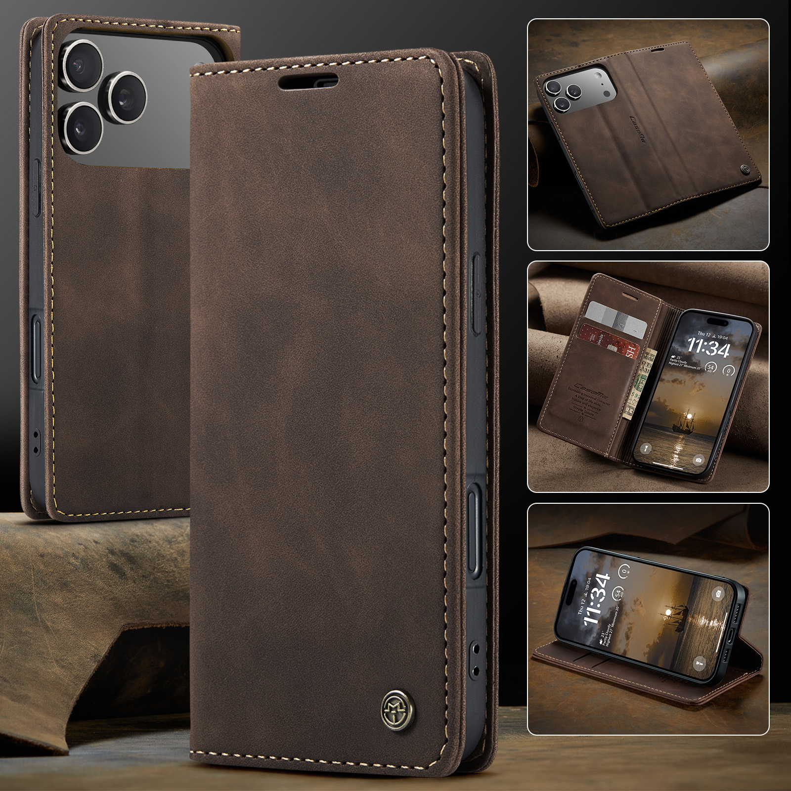 iPhone 17 Pro Leder Tasche Flip Wallet Etui mit Kartenfächern - Braun