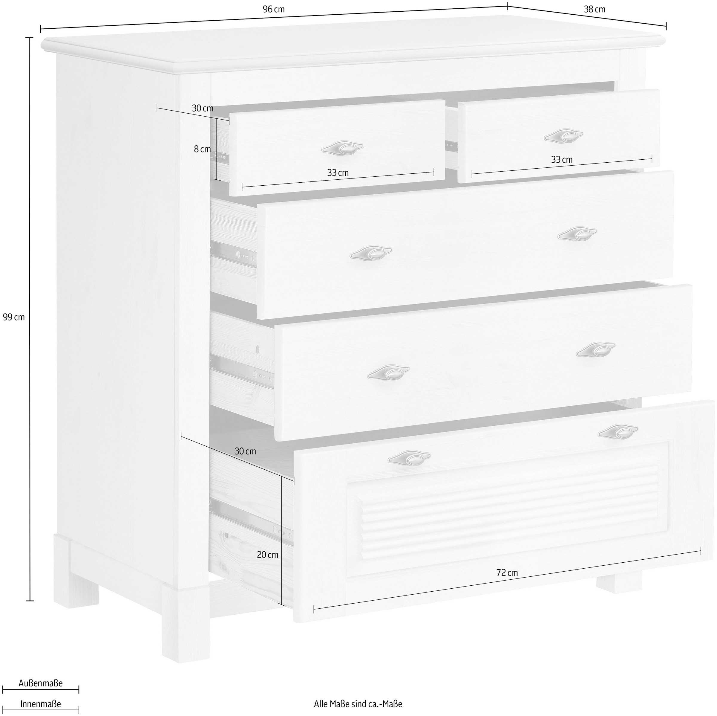 Home affaire Schubkastenkommode »Rauna« aus massiver Kiefer mit 5 Schubladen, Breite 96 cm