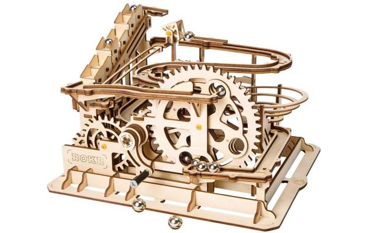 Bausatz Murmelbahn mit Kurbelantrieb3D-Puzzle aus lasergeschnittenen Holzteilen