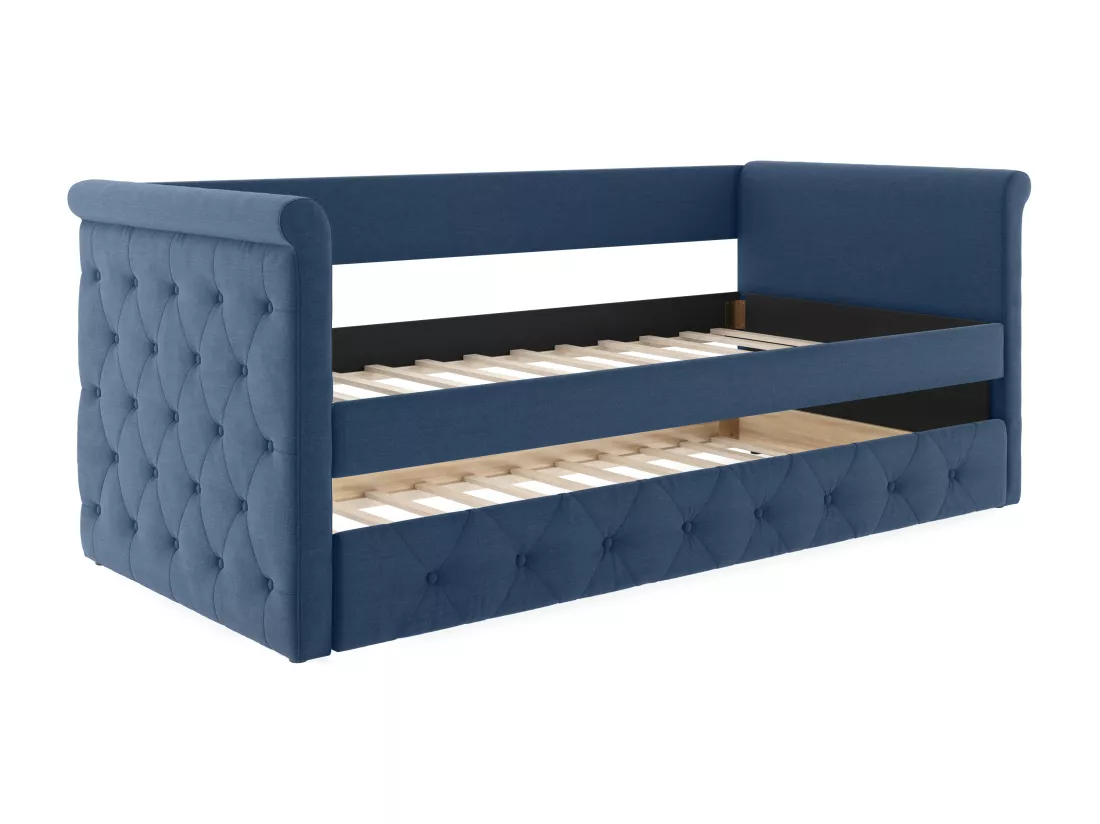Lit banquette gigogne LOUISE - 2x90x190cm - Tissu bleu + matelas